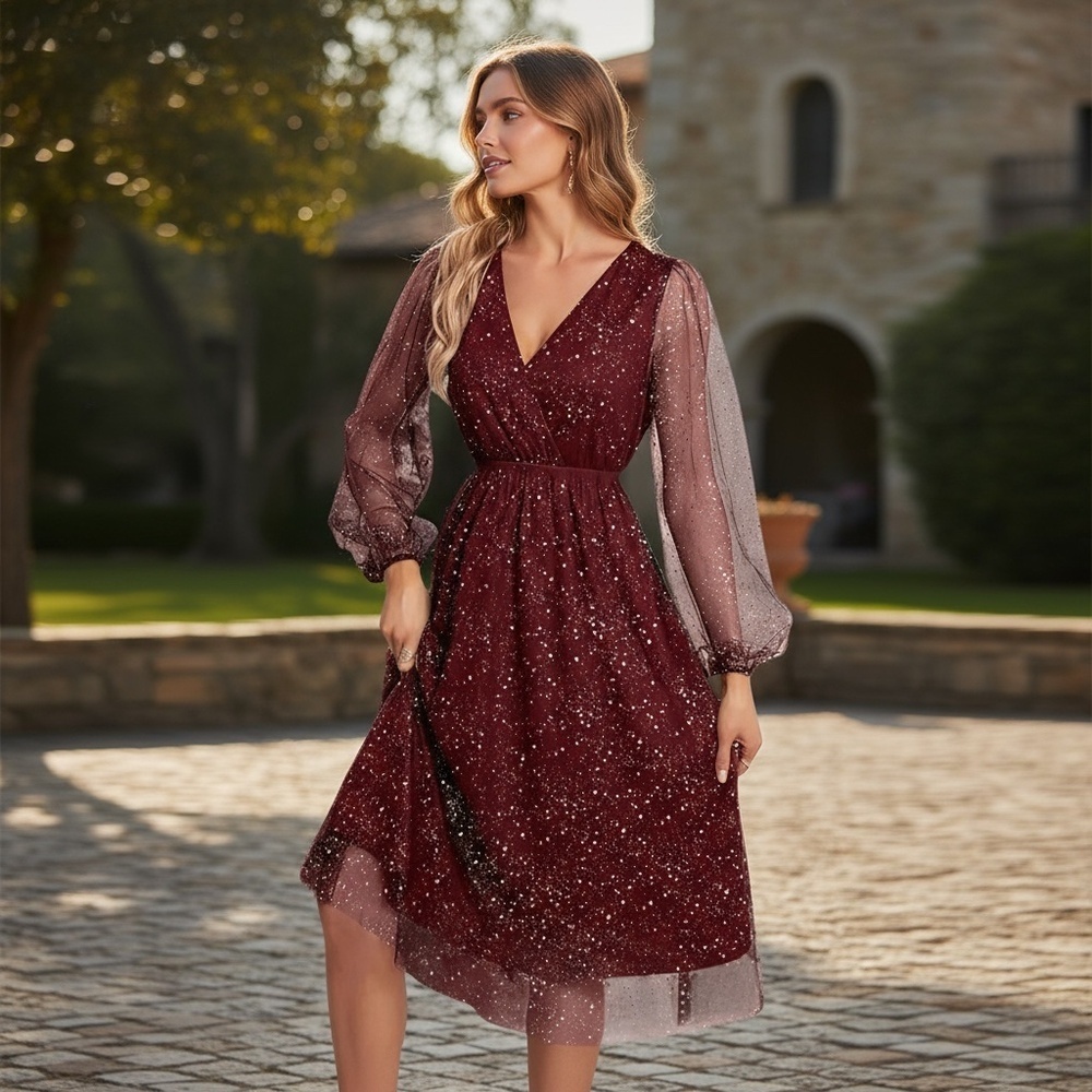 Women’s Shiny Mesh Lantern Sleeve Dress - Picture 2 of 13
